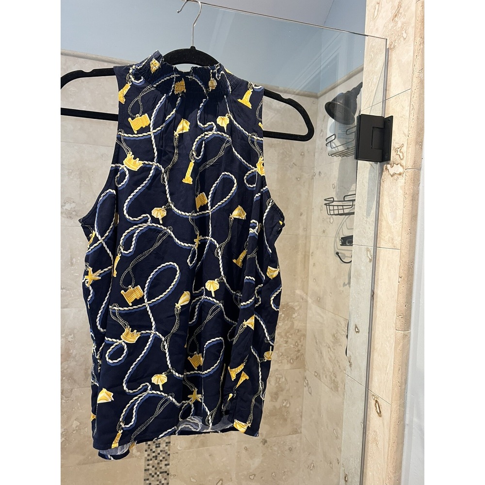 Crown & Ivy Navy Equestrian Rope Chain Smocked High Neck Sleeveless Blouse Sz S